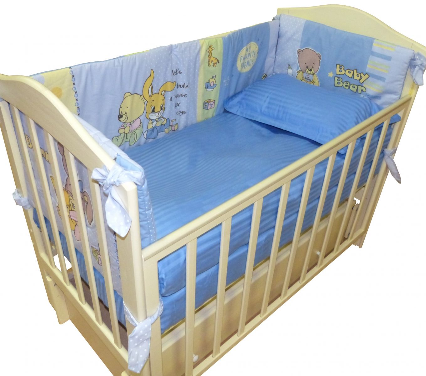 Комплект постельного белья для детских кроваток, размером 120х60, 135х65, 135х70, 140х90. Плотный и нежный сатин и жаккард, 100% хлопок, цвет ТЕМНО-ГОЛУБОЙ